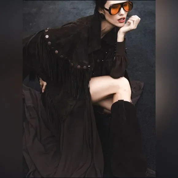 Lorena Saravia H&M Fringed Suede Cape Jacket ONE SIZE - Picture 2 of 15